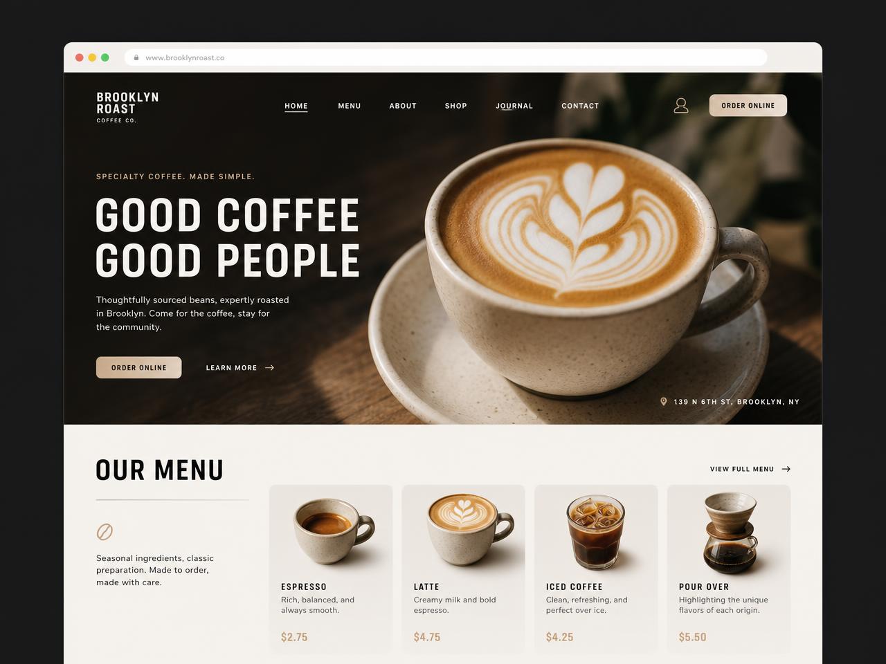 Modern Coffee Shop website design for Brooklyn Roast